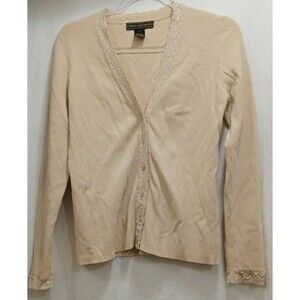 Vintage Linda Matthews Rayon Beige Button Cardigan Lace Trim Size Medium Note